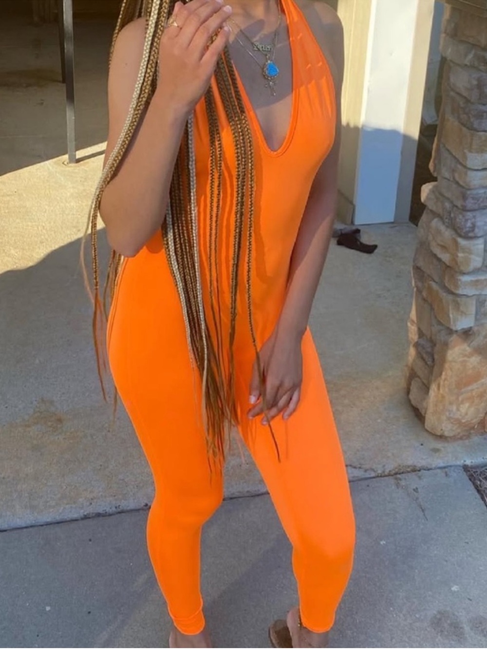 Fashion Nova Neon Orange Halter Jumpsuit